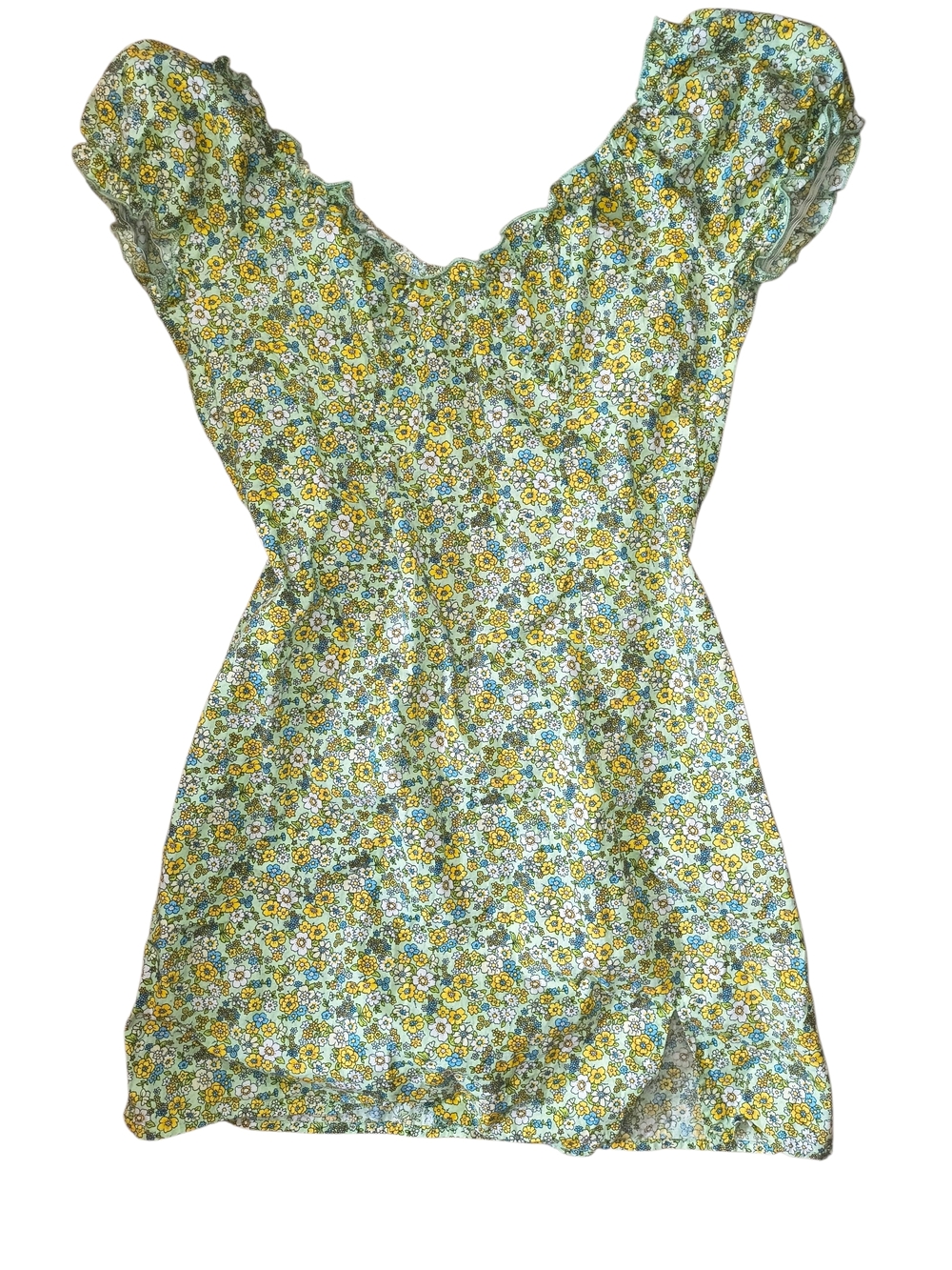 Floral Puff Sleeve Mini Dress in Yellow & Green